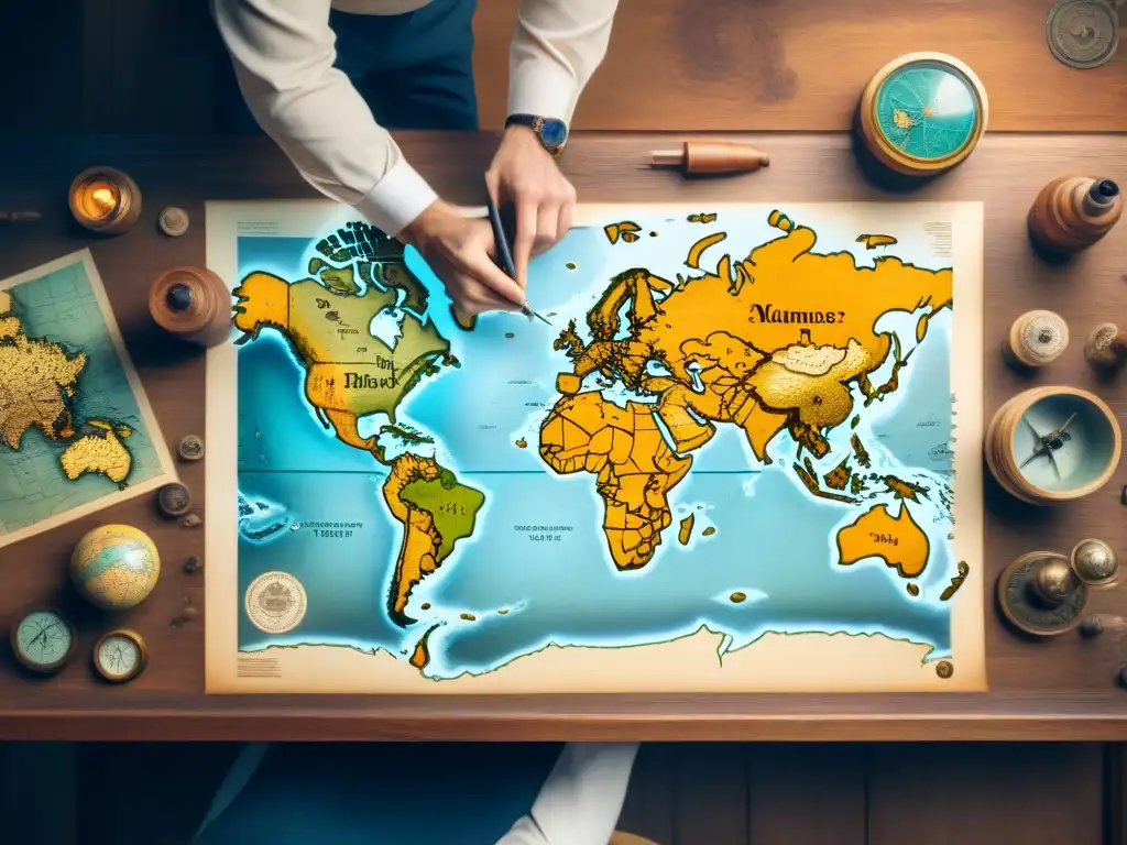 Arte cartográfico: el legado del mapamundi Detalle sepia: anciano cartógrafo traza mapas con pluma en pergamino rodeado de instrumentos antiguos