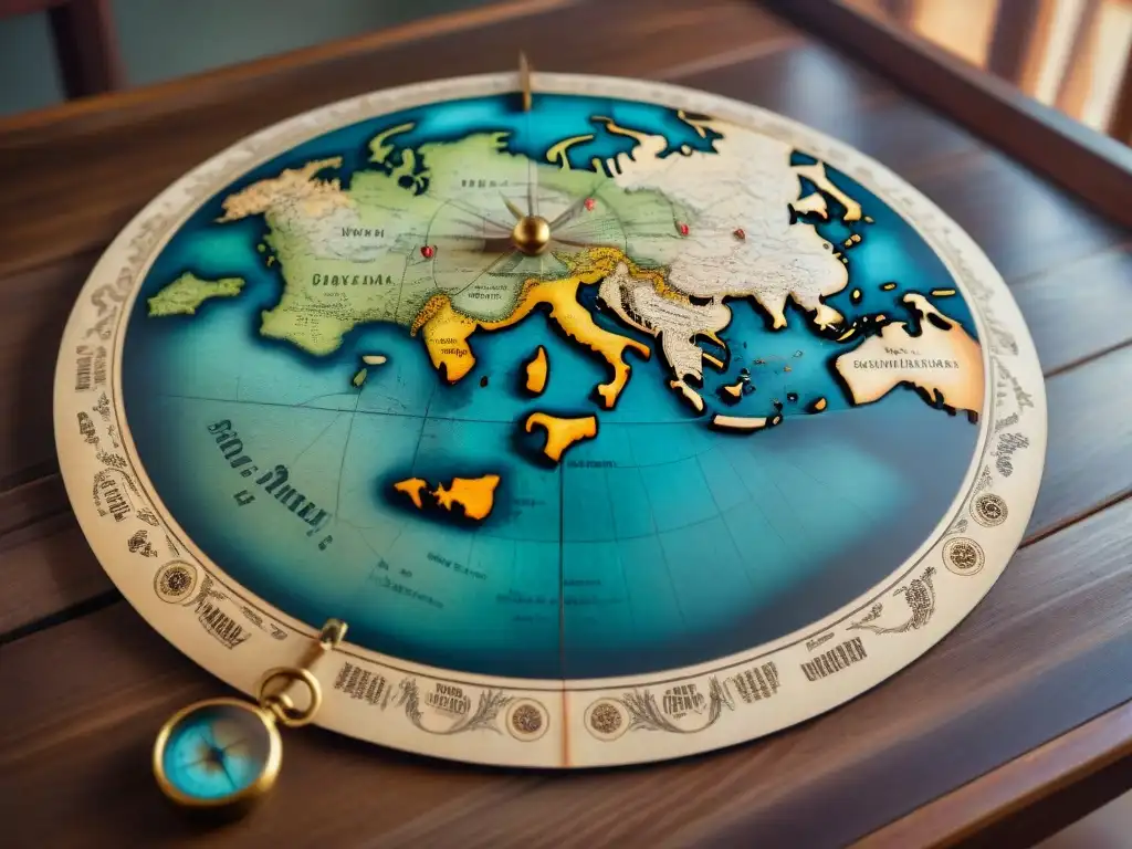 Detalle sepia de un antiguo mapa desplegado en una mesa de madera gastada, destacando monstruos marinos y rosas de los vientos