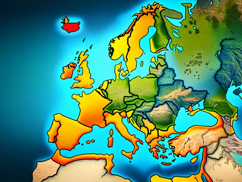 Detalle sepia de un antiguo mapa de Europa en 8k, mostrando la evolución de la cartografía digital con elegante caligrafía