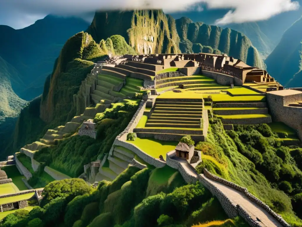 Detalle sepia de un antiguo mapa inca tallado en piedra, muestra la red vial y paisajes, con símbolos solares