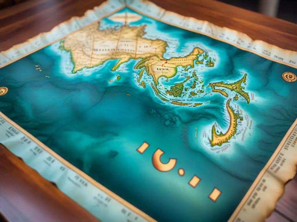 Detalle antiguo de un mapa en sepia sobre mesa de madera, evocando evolución cartografía mapas antiguos
