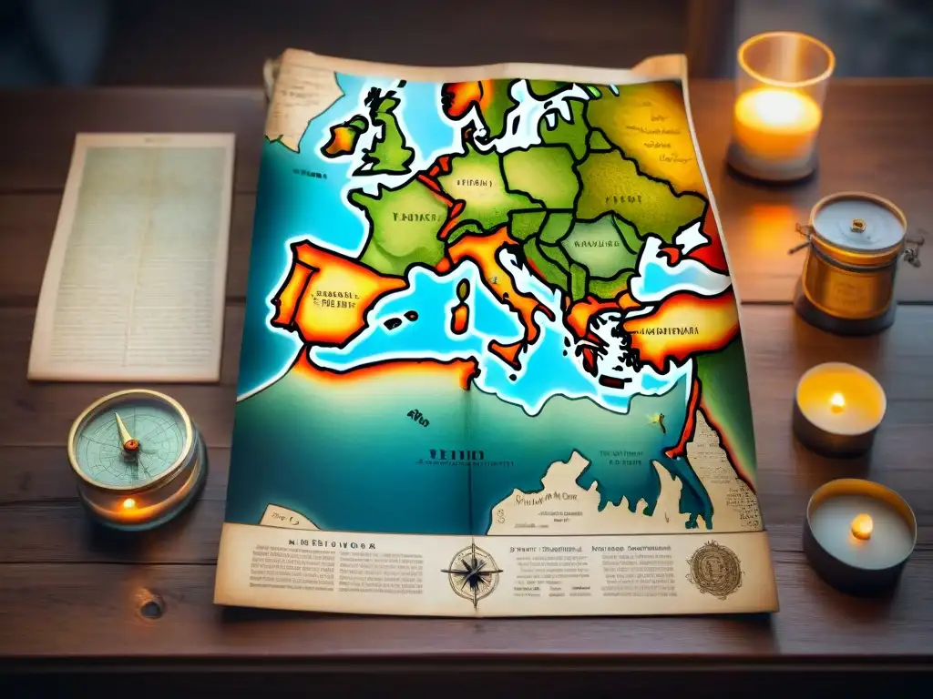Mapa antiguo detallado en madera iluminado por vela Detalle de un antiguo mapa en sepia sobre mesa de madera iluminado por una vela, resaltando la Importancia de los mapas antiguos