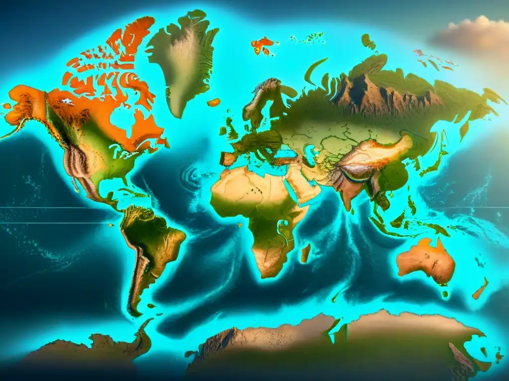 Detalle sepia de un antiguo mapa mundial, mostrando montañas, ríos y bosques