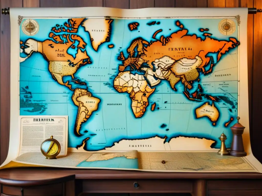 Detalle sepia de un antiguo mapa mundial en mesa de madera con brújula, telescopio y pluma sobre pergamino, Evolución de la cartografía digital