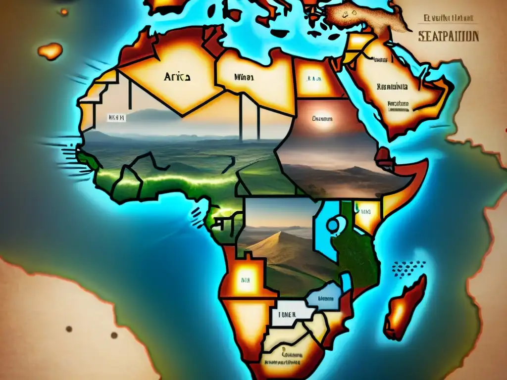 Detalle antiguo mapa de África, con tonos sepia y líneas delicadas, evocando historia y exploración