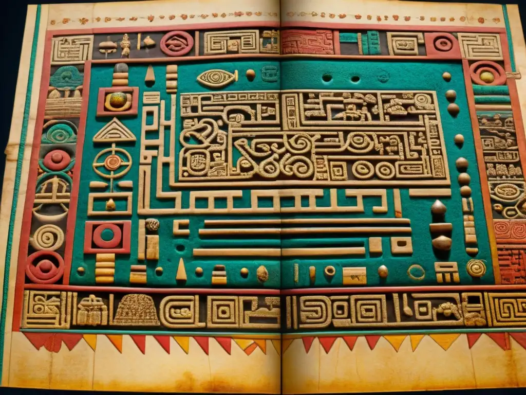 Detalle asombroso de un códice maya con intrincados mapas y símbolos, destacando la evolución de la cartografía precolombina