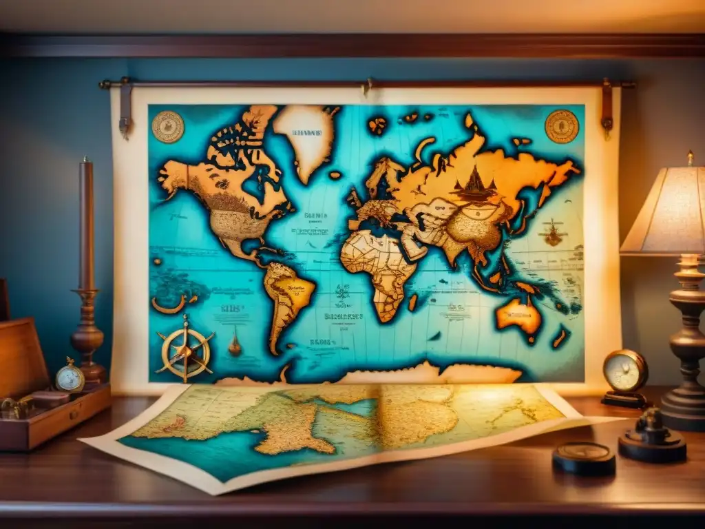 Mapa antiguo detallado en pergamino con brújula y monstruos marinos Detalle 8k de la evolución cartográfica: antiguo mapa dibujado a mano en pergamino, rodeado de herramientas antiguas, bajo luz cálida sepia