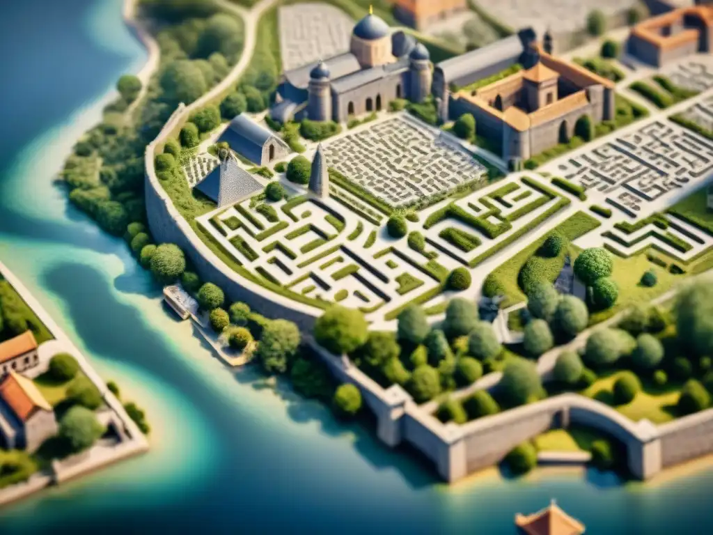 Detalle sepia de ciudad antigua con callejones, edificios altos y muralla fortificada