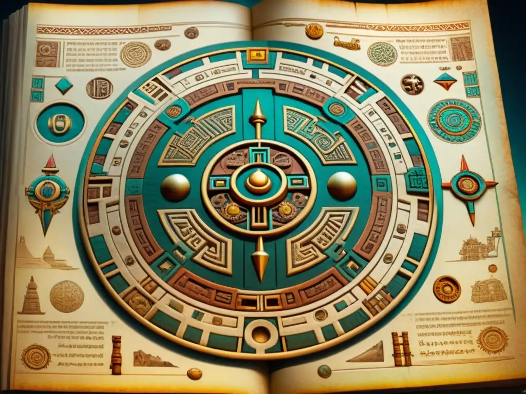 Detalle 8k de un codex maya con cartografía precolombina, símbolos celestiales y colores tenues