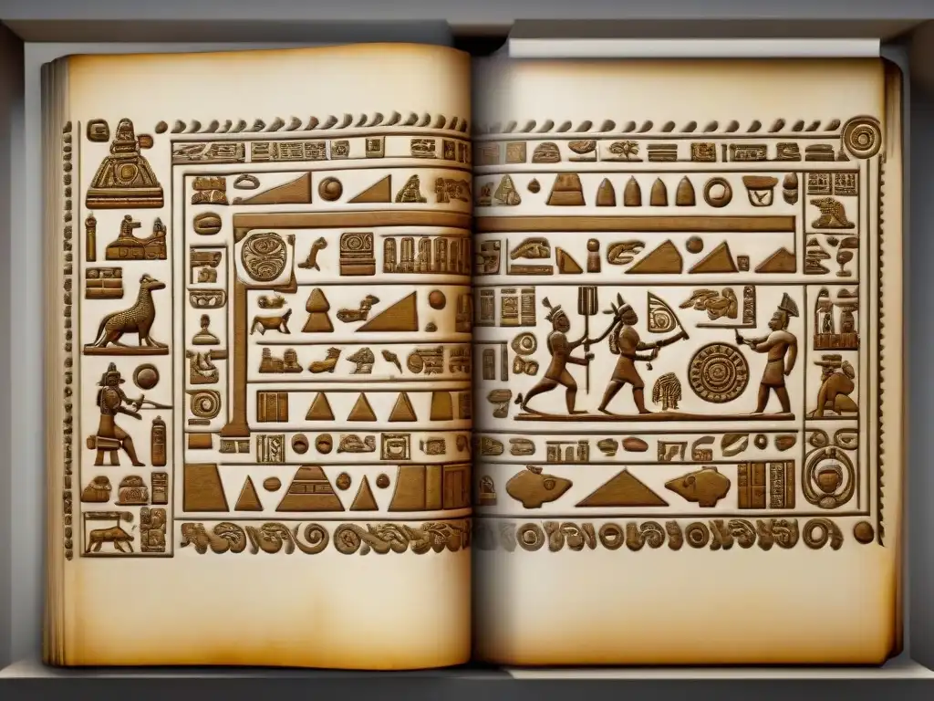 Detalle sepia de un códice maya con mapas y observaciones celestes, mostrando la evolución de la cartografía en civilizaciones precolombinas