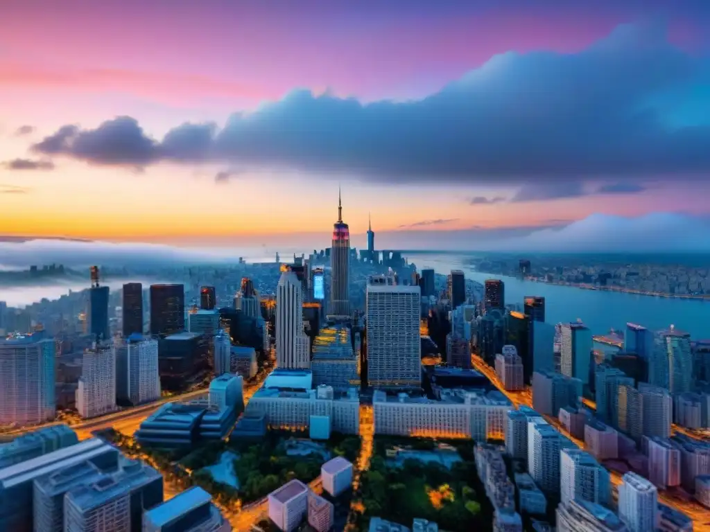 Detalle fascinante de una ciudad al atardecer en 3D con la plataforma visualización 3D cartografía