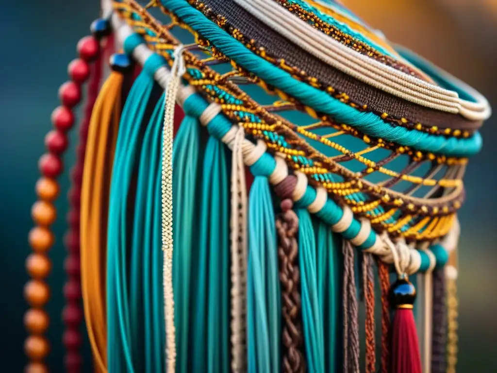 Detalle de un quipu inca bien conservado en tono sepia, mostrando intrincados nudos y estructura