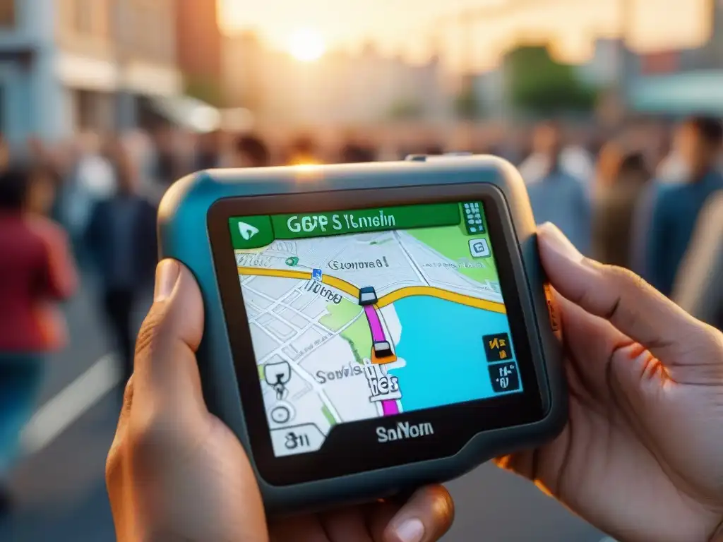 Detalle de mano sosteniendo GPS con mapa digital, gente usando tecnología