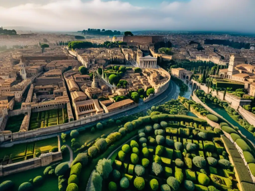 Detalle sepia de un mapa de la antigua Roma con puntos clave como el Coliseo y el Foro Romano, evocando la grandeza de la ciudad