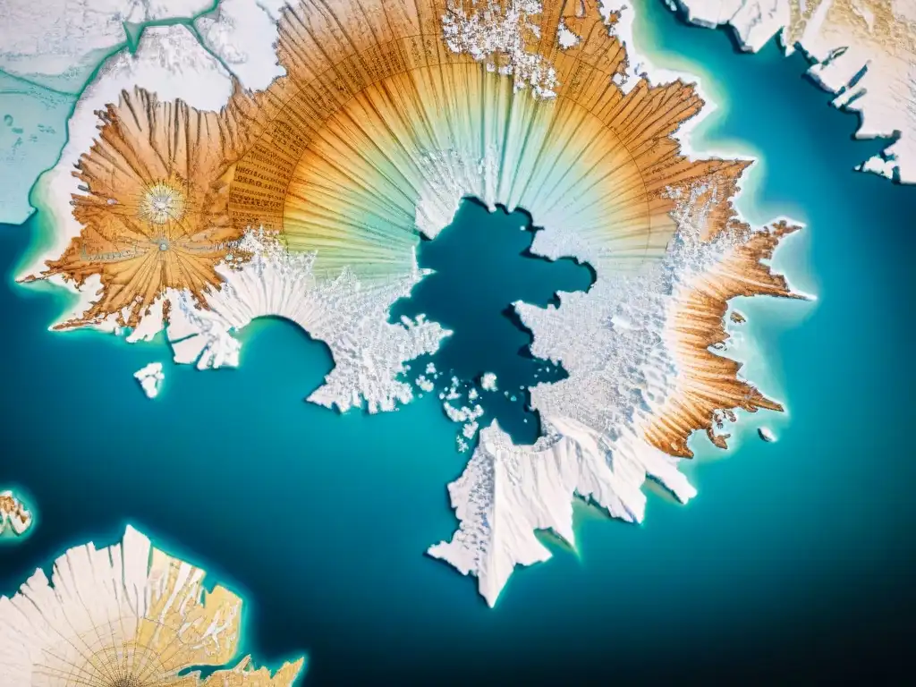 Detalle sepia de un mapa histórico del Ártico con anotaciones manuscritas y rosas de los vientos