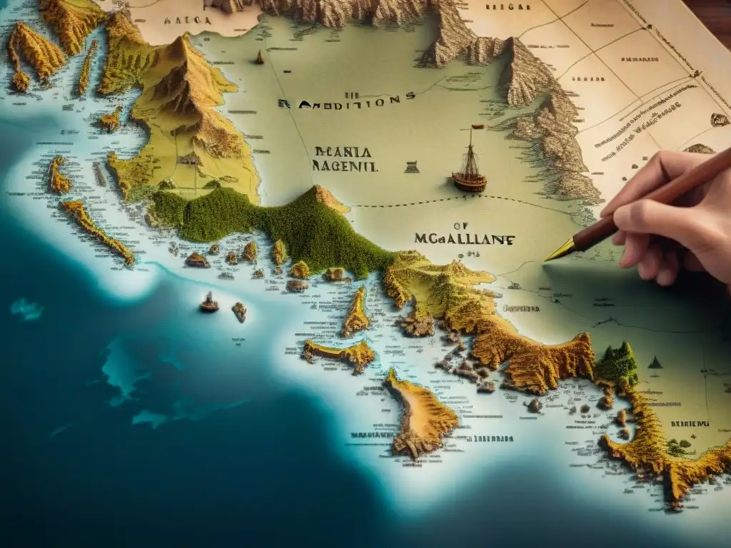 Detalle sepia de mapa histórico de las Expediciones cartográficas de Magallanes y Elcano