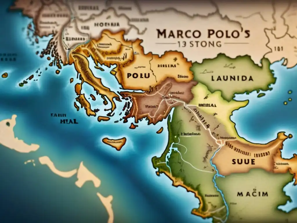 Detalle sepia de mapa histórico de Marco Polo, evolución cartografía mapas antiguos digitales