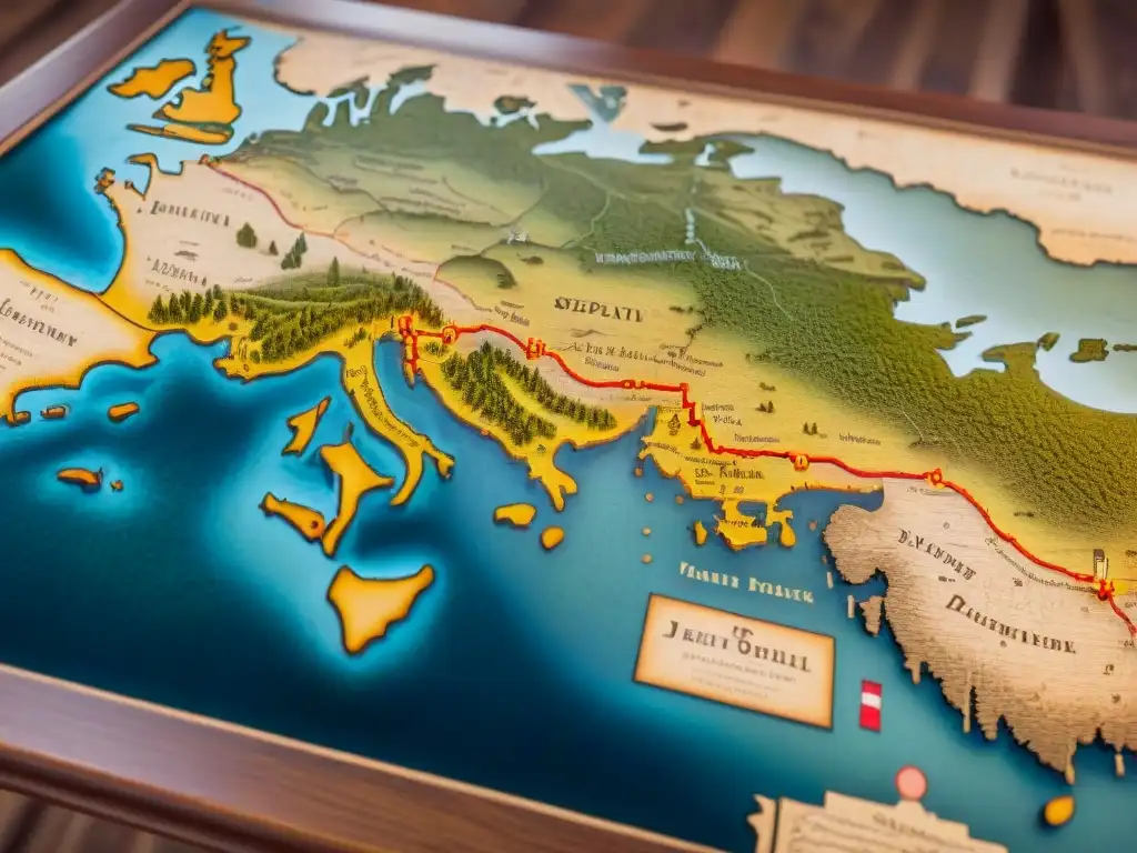 Detalle sepia de un mapa histórico del siglo XVIII en una mesa de madera iluminado, resaltando la importancia cartografía en fronteras disputadas