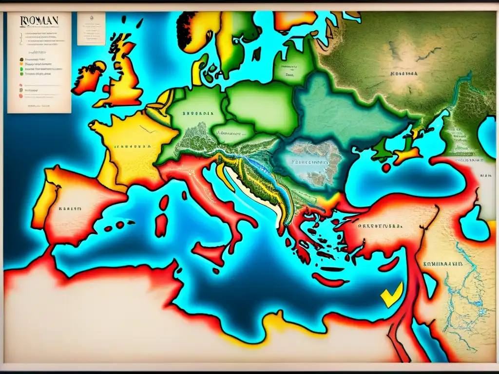 Detalle sepia de mapa del Imperio Romano con inscripciones latinas y arquitectura romana