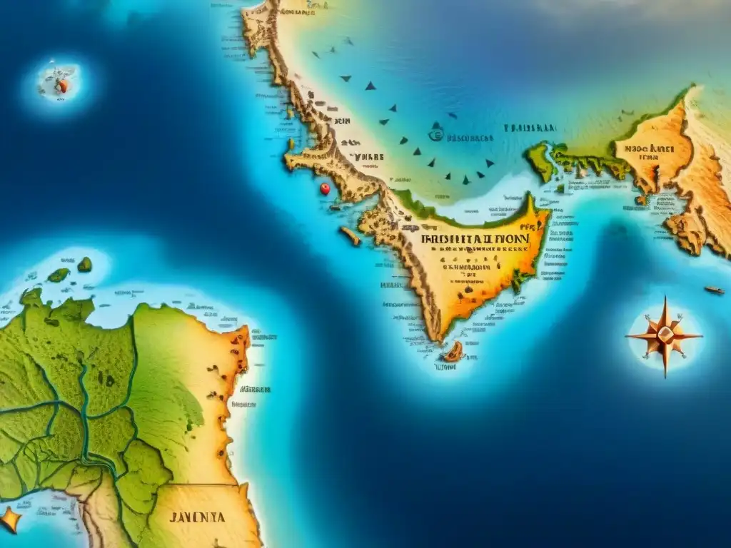 Detalle sepia del mapa de Piri Reis, revela antiguas costas, ciudades y símbolos