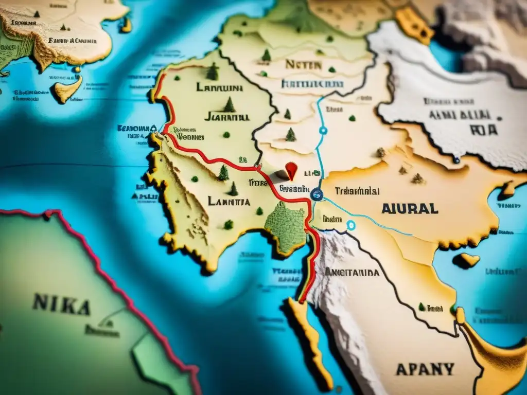 Detalle de mapa sepia del siglo XV de la Ruta de la Seda con ilustraciones de camellos y mercaderes, evocando la evolución cartografía mapas antiguos