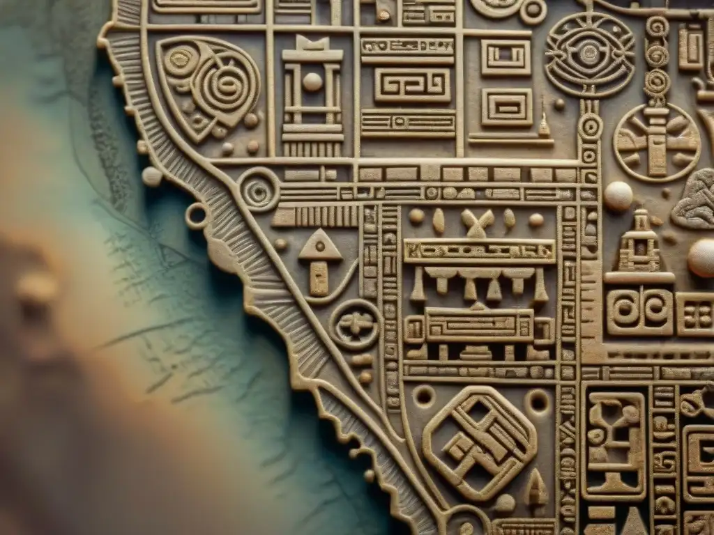 Detalle sepia de mapas mayas con cartografía civilizaciones precolombinas era digital