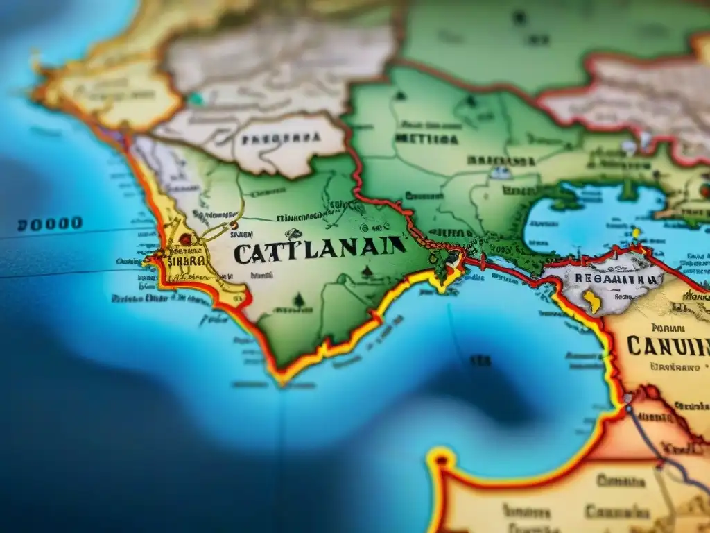 Detalle sepia del Mapa Atlas Catalán, reflejando la cartografía medieval moderna enriquecida con adornos artísticos