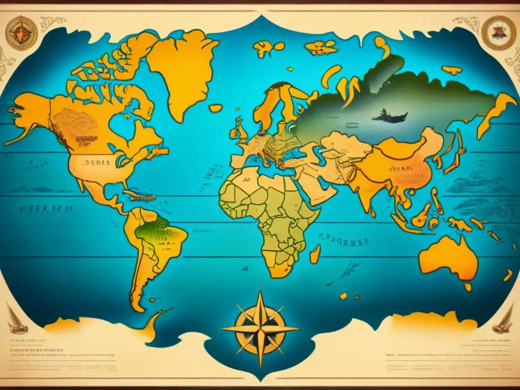 Mapa antiguo en sepia: detalle en 8k con brújula y monstruos marinos Detalle en sepia de un póster vintage de mapamundi, con rosas de los vientos y monstruos marinos, perfecto para Posters de mapas decoración moderna