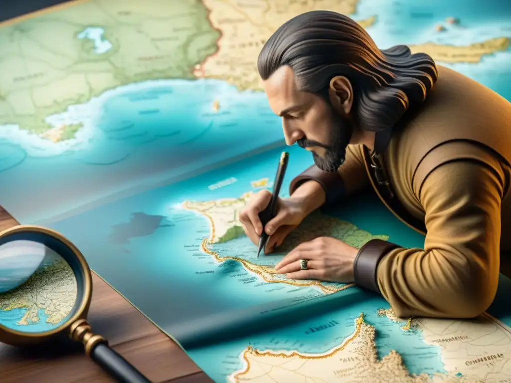 Samuel de Champlain cartografía Nueva Francia con detalle y pasión, rodeado de herramientas de cartografía en tonos sepia