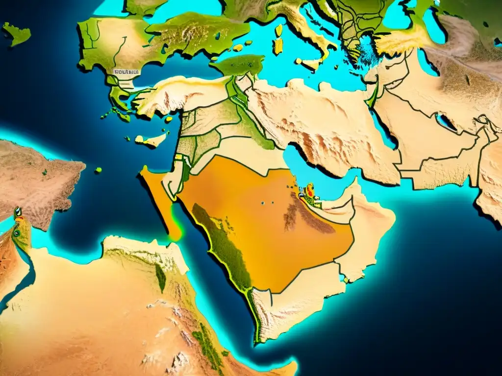 Detalle sepia de rutas comerciales antiguas en Medio Oriente, resaltando historia con tecnología satelital en cartografía