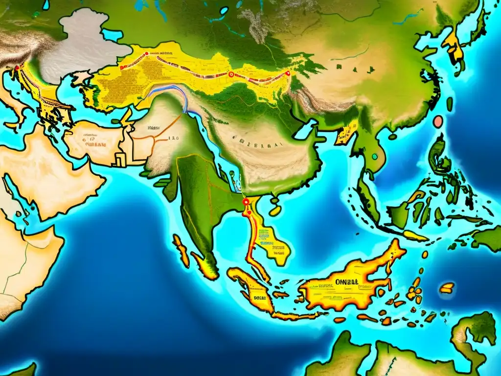 Detalle sepia de rutas comerciales históricas en Asia