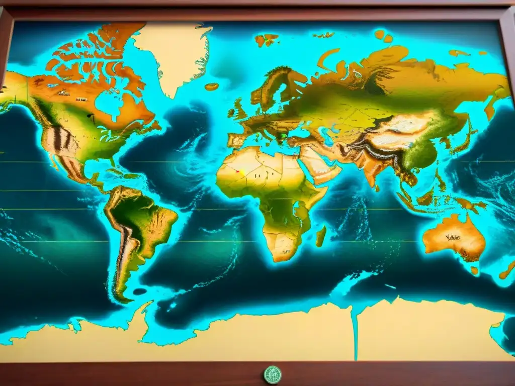 Detalles de un antiguo mapa del mundo en sepia, con monstruos marinos y rosas de los vientos