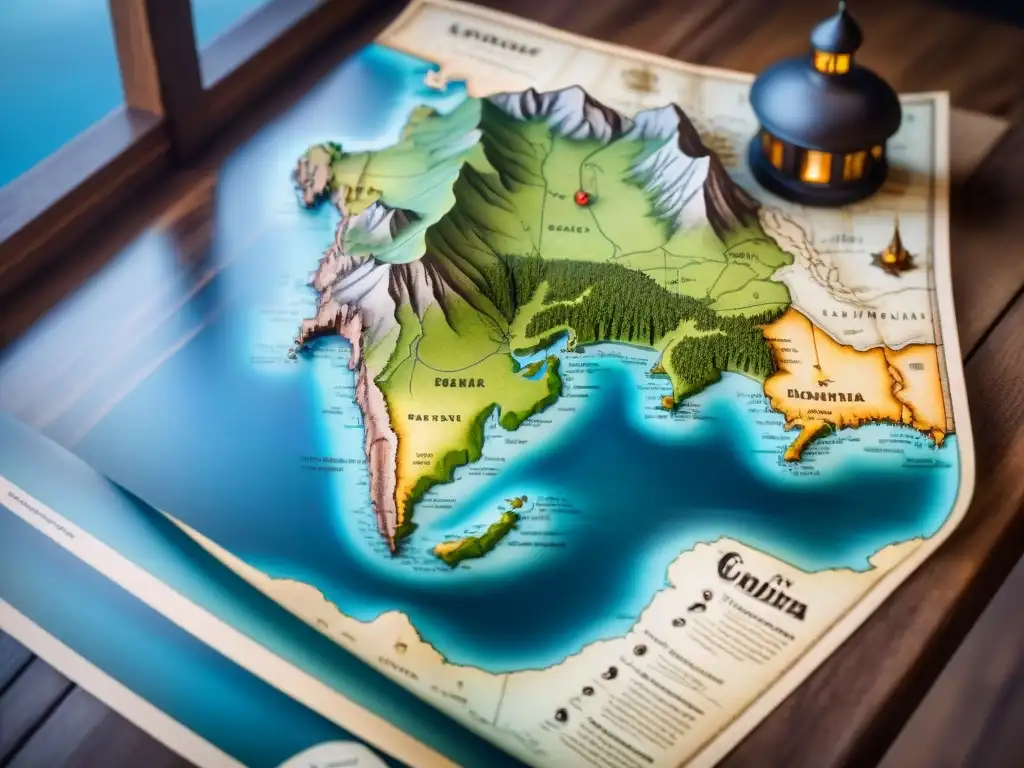 Detalles antiguos de un mapa en mesa de madera iluminado cálidamente, evocando evolución de la cartografía digital