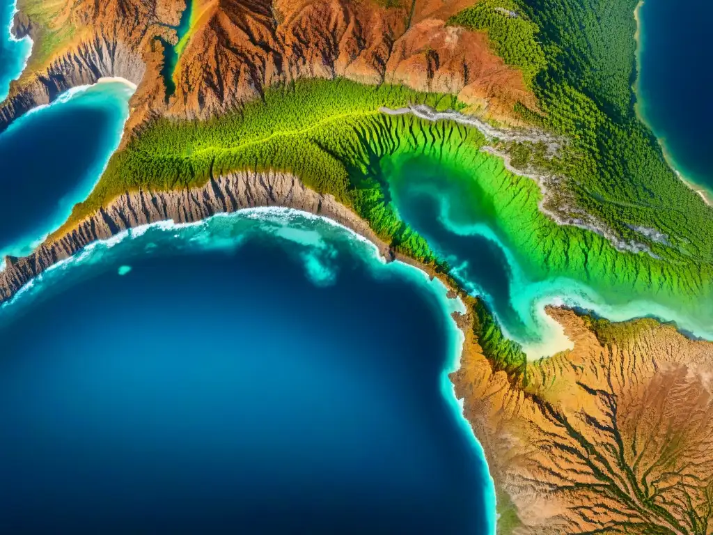 Detalles topográficos de la Tierra: corrientes oceánicas, montañas y bosques, con tono sepia evocador