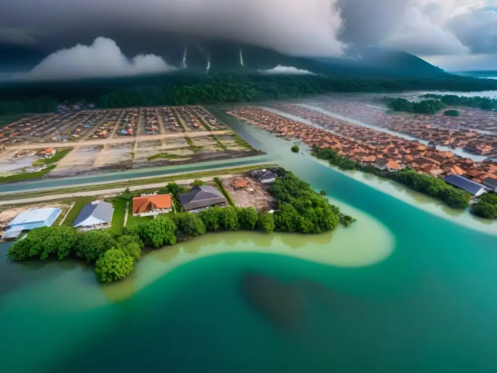 Devastación y caos tras desastre natural, con áreas inundadas y edificios colapsados