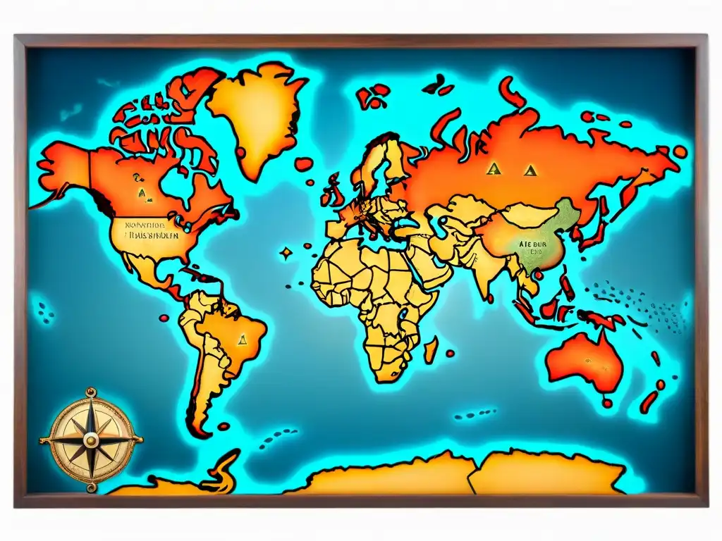 Evolución de la cartografía digital: Antiguo mapa sepia detallado con rutas de exploradores y criaturas marinas míticas