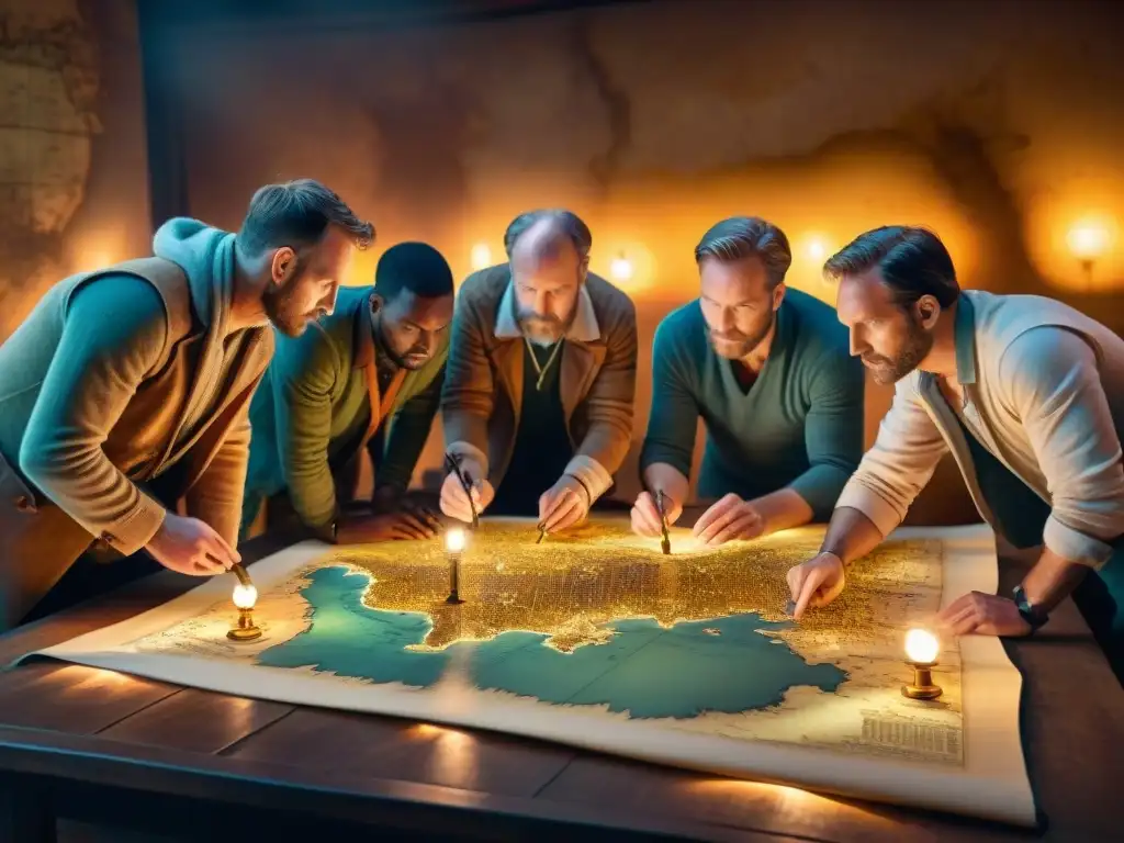 Cartógrafos en acción: de lo analógico a lo digital Evolución cartografía digital influencia cartógrafos: Grupo de cartógrafos examinando detalladamente un antiguo mapa bajo luz tenue de lámpara de aceite