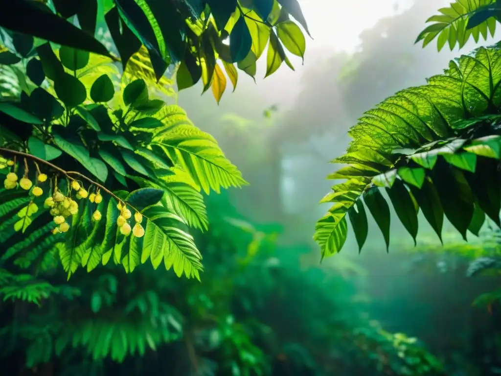 Un dosel tropical exuberante con luz filtrándose entre la densa vegetación verde en el modelo de IDRISI Selva, creando una atmósfera serena