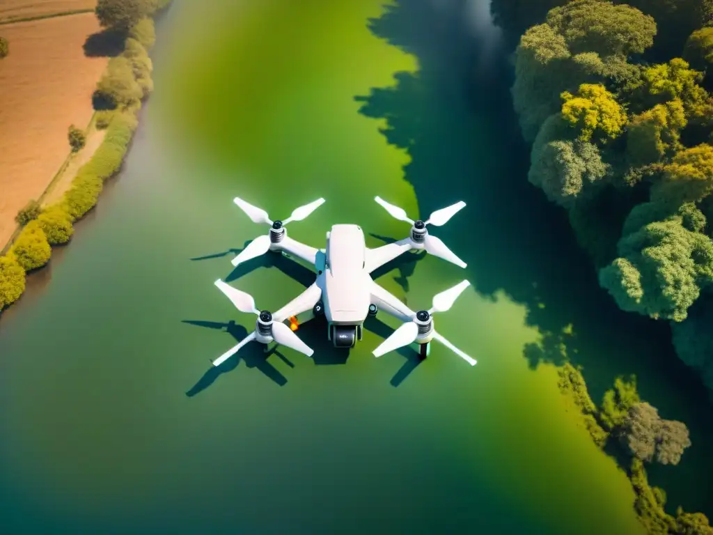 Un dron de alta tecnología realizando mapeo aéreo con drones sobre un paisaje verde, destacando su diseño y precisión