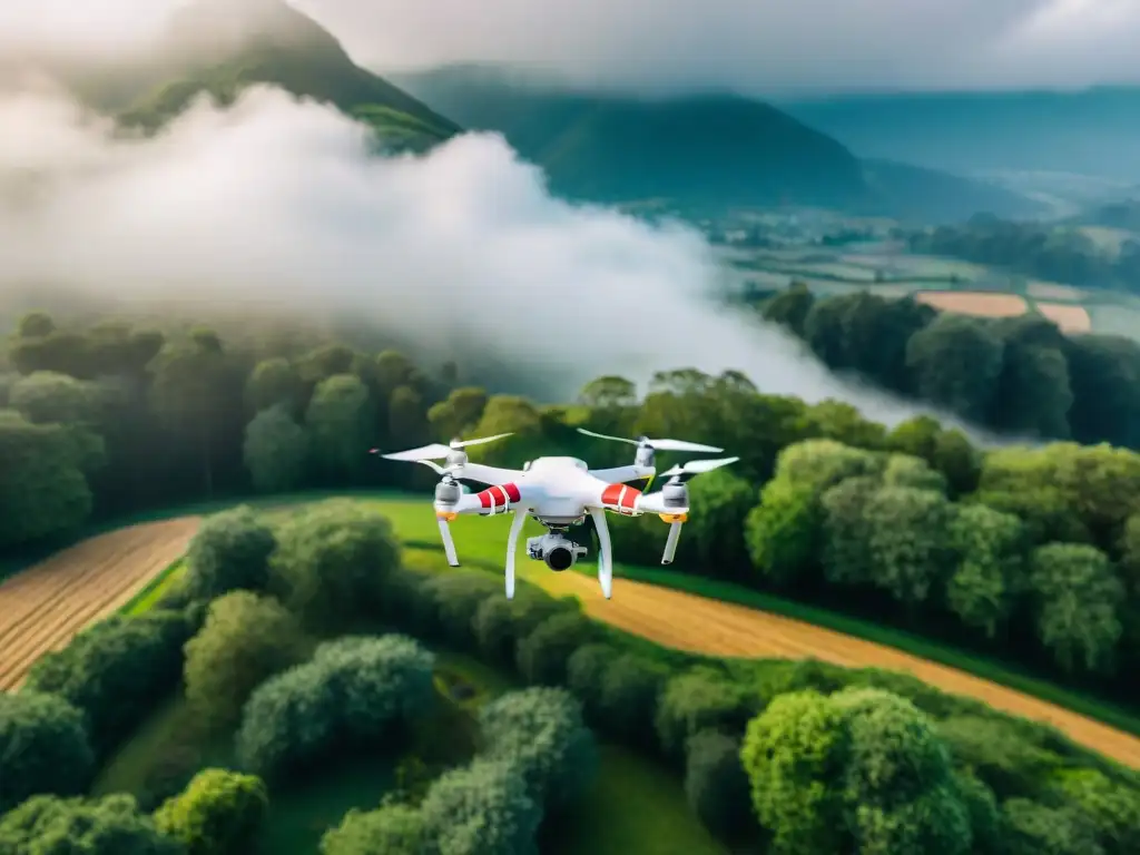 Un dron equipado con cámaras de alta resolución sobrevuela un paisaje verde, capturando detalles del terreno