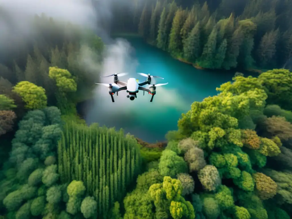 Un dron sobrevuela un exuberante bosque verde, capturando detalles para cartografía ambiental