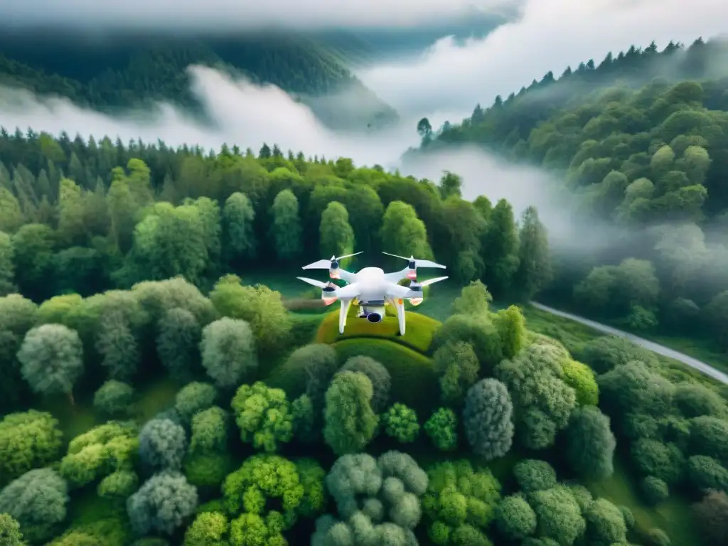 Dron sobrevolando bosque: tecnología avanzada en cartografía Un dron sobrevuela un frondoso bosque, capturando detalles topográficos con precisión