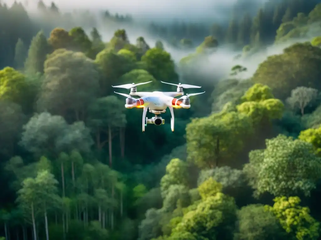 Dron sobrevolando bosque verde en 8k: mapeo detallado con filtro sepia Un dron sobrevolando un frondoso bosque verde, capturando detalles con su cámara