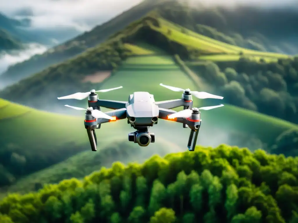 Un dron con sensores mapeando un paisaje verde, mostrando la evolución del software de cartografía aérea