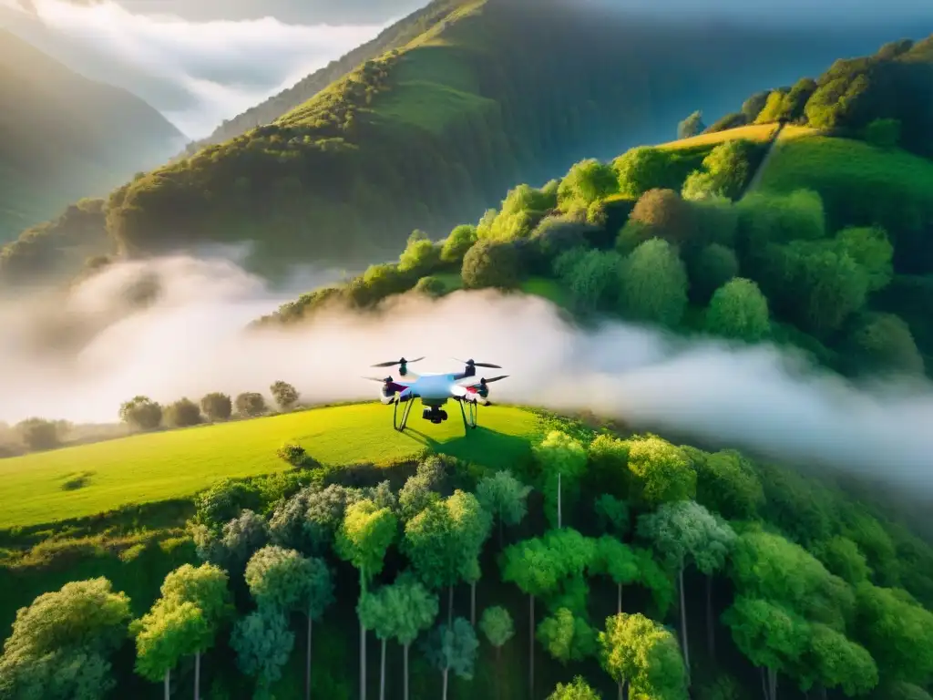 Un drone de alta tecnología con sensores avanzados de mapeo aéreo planea sobre un paisaje verde exuberante