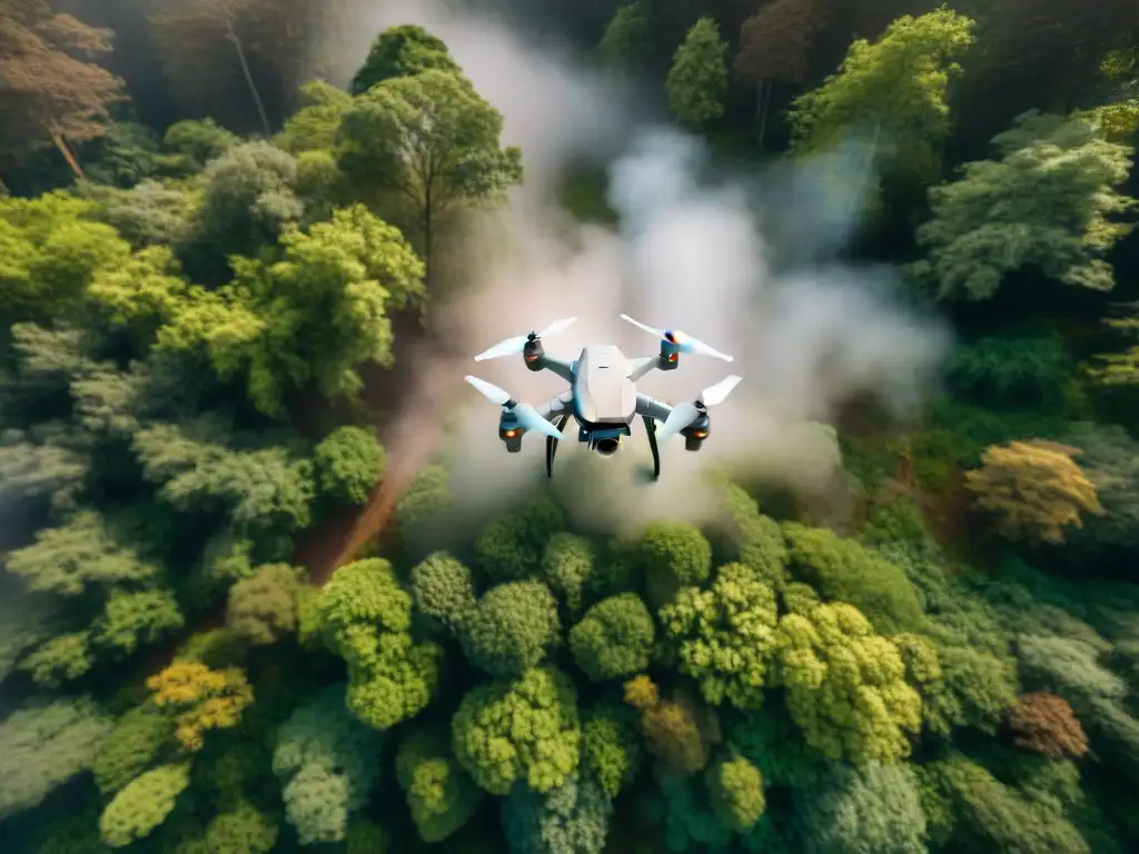 Drone monitoreando cambio climático y deforestación sobre bosque verde en tonos sepia