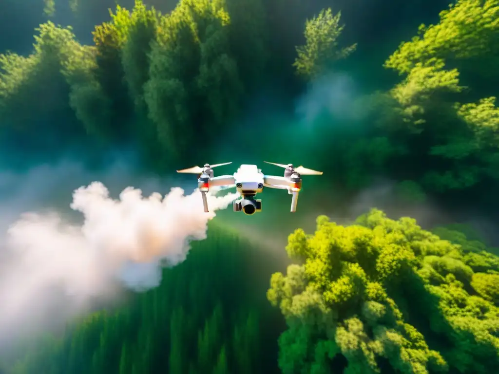 Un drone sobrevolando un frondoso bosque verde, capturando detalles para mapeo aéreo conservación naturaleza drones