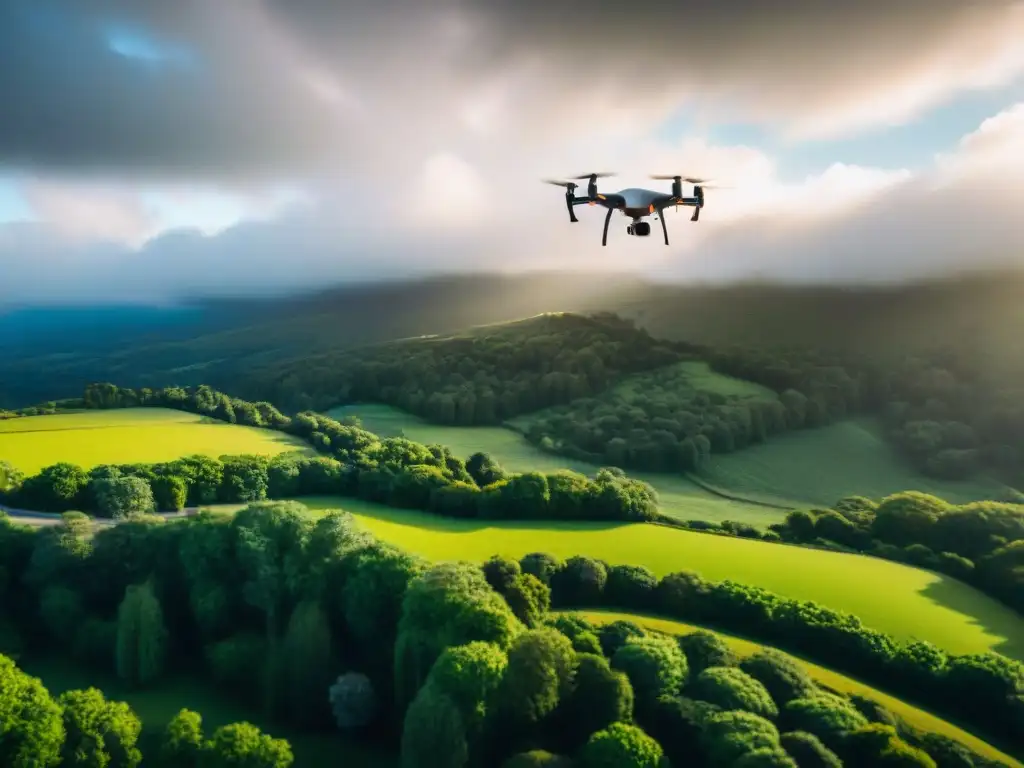 Un drone sobrevolando con gracia un exuberante paisaje verde, revelando la sofisticación de las técnicas de mapeo aéreo con drones