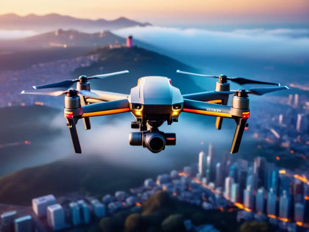 Un drone moderno y detallado sobrevuela una ciudad al atardecer, fusionando tendencias de mapeo aéreo con tecnología avanzada