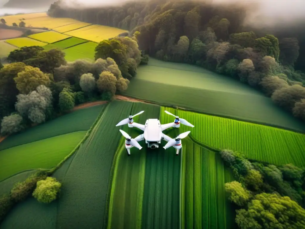 Drone sobrevolando paisaje verde, capturando datos topográficos